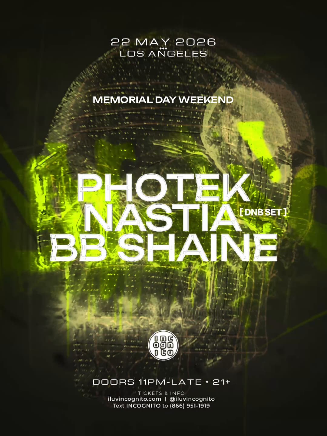 INCOGNITO presents Photek + Nastia (DnB Set) + BB Shaine | Memorial Day Weekend